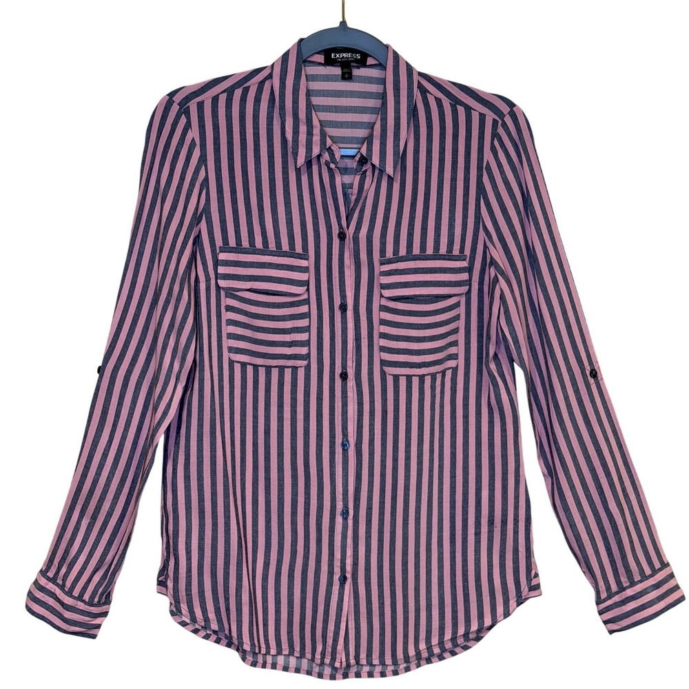 Express Womens Pink Navy Blue Striped Small Button Down Top Office Work Casual - Picture 2 of 6